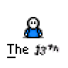 Animated contact sheet of pixel art buddy icons featuring blue-shirted stick figures and a white skull character with red eyes, arranged in 5x4 grid on gray background.