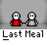 Animated contact sheet showing 25 sequential frames of a pixel art buddy icon sequence with two stick figures and repeated "Last Meal" text, depicting interactions including eating, separation, explosion effects, and debris.