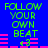 Blue background with green text reading FOLLOW YOUR OWN BEAT and pink horizontal bars with a small green '13' symbol, arranged in a repeating pattern