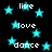 Black background with cyan stars and white text words 'live', 'love', 'dance' scattered across the image.