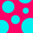 Static pattern of cyan circles on a bright pink background with one irregularly shaped circle.