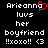 Pixelated text displays 'Arieanna' with a red heart replacing the 'a', followed by 'luvs her boyfriend !!xoxo!! <3' on black background.