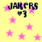 Yellow background with pink stars and dark blue text reading "JAKERS" above a heart symbol followed by the number 3.