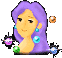 Pixelated character with purple hair and turquoise earrings holding glowing orbs, static image.