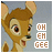 Pixelated Bambi head with open mouth and wide eyes, text 'OH EH GEE' in three stacked blocks on light gray background.