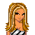 Pixel art of a blonde woman in a striped top and black shorts holding a handbag, with partial views of her body and text overlays.