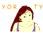 Animated sequence of a cartoon woman with long red hair wearing purple straps and a beaded necklace, her head turning left to right across frames.