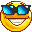 Pixelated yellow circular face with blue-tinted black sunglasses, displaying multiple mouth expressions from wide grin to closed smile