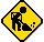 Two yellow diamond-shaped warning signs with black borders show a worker figure in different poses, one holding a shovel and the other using a tool.