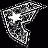 Black-and-white pixelated icon featuring a shield-shaped emblem with star and wing motifs, rendered in high-contrast dithering style on solid black background.