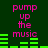 Green background with pink text reading "pump up the music" and green audio equalizer bars in two distinct configurations.