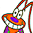 Animated cartoon character with orange body, purple chest, green accents, and long red antennae showing two expressions: wide-eyed smiling and closed-eye grinning.