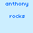 Pixelated blue text "anthony" above "rocks" on light blue background with green gradient overlay in bottom-left quadrant.