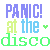 Pixelated text reads 'PANIC! at the disco' with color transitions across letters and a heart symbol between words.