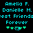 Pixelated cyan text on black background reads Amelia F. Danielle M. Best Friends Forever with green plus signs and a blue heart symbol.