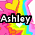 A colorful animated icon with a rainbow, hearts, and the name 'Ashley' in bold text over a pink background.