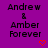 Purple background with black text 'Andrew & Amber Forever' and red heart symbols in various positions