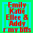 Red text listing names Emily Katie Ellee & Addy over green and blue background with 'r my bffs' text below, arranged in a of four identical