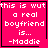 Four identical pink square with black borders display white pixelated text reading "this is wut a real boyfriend is... -Maddie"; two include small black symbols