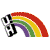 Pixelated rainbow arc with black-and-white checkered pattern on left side, red-yellow-green-purple bands, white background.