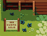 Pixel art scene with wooden fence, green grass, blue flowers, and a sign reading 'CUONG DOJO' in brown block letters.