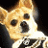 Pixelated close-up of a dog's face with light brown and white fur, dark eyes, and a black nose against a dark background.