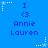 Blue background with repeated text and star animations; text reads 'I <3 Annie Lauren' in blue pixelated font with white stars and dotted lines.
