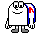 Pixelated character with rounded body, blue shoulder straps, red chest mark, and gray feet in six sequential poses showing arm movement.