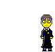 Pixel art character in black robe with blue trim, yellow face, brown hair; white background; animated sequence shows bird flying from right to left and landing on outstretched hand.
