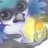 Pixelated image of a stylized animal head with large eyes and a yellow-orange glow on the right side against a blue-green background.