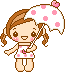 Pixel art contact sheet showing two frames of a cartoon girl holding a polka dot umbrella with pink accents, brown pigtails, and a white dress with pink flowers.