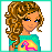 Pixel art contact sheet of a female character with curly hair wearing a colorful beach-themed outfit, holding a white object in one frame and displaying text "crazi claire" on another.