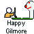 Pixelated cartoon character with white head and red nose sits at green desk, smiling, with text 'Happy Gilmore' below.