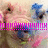 A pixelated close-up of a light-skinned face with blue hair accessories, pink and blue color accents, and a horizontal pink dotted line across the lower face.