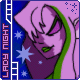 repeating cartoon character with blue background, purple hair, green eyes, and 'LADY NIGHT' text on vertical borders
