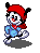 Pixelated character with red hat and blue outfit performs sequential motion across on gray background