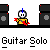Pixelated animation of a cartoon character with blue hair and red accents playing guitar, surrounded by repeating text "Guitar Solo" on gray background.