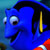 Pixelated blue fish character with large eyes and yellow fin detail against a gradient background.