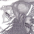 Pixelated grayscale image of a stylized figure with large rounded head, dark limbs, and abstract geometric shapes surrounding it.