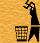 Black silhouette figure repeatedly discards a swirled object into a -patterned trash bin against textured brown background