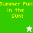Pixelated icon with yellow text "Summer Fun in the SUN!" on green and white backgrounds, featuring a white star and green star icon variation.