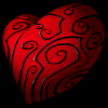 Red heart-shaped icon with black spiral patterns and the word 'love' in red text below it, displayed on a dark background.
