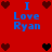 Red background with blue text "I Love Ryan" and pixelated hearts in dark red, black, and brown tones.