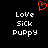 A static pixel art image with a black background, white text reading 'Love Sick Puppy', and an orange pixelated heart symbol above the text.