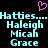 Pixelated cyan text repeats 'Hatties... Hatties...' above three names, with a pink heart symbol at the top center on black background.