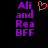 Pixelated purple text 'Ali and Rea BFF' on black background with a red heart symbol above the right side of the text.