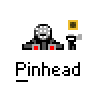 Pixel art buddy icon featuring a character with a round head and red accents, accompanied by a yellow square symbol and the text "Pinhead" below, displayed in two identical frames on a gray background.