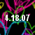 Pixelated digital artwork with white numerals '4.18.07' overlaid on abstract flowing lines of magenta, green, and cyan against a black background.