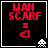 Four identical display red pixelated text "MAN SCARF" above a heart symbol and white alien icon on black background