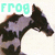 Pixelated frog head with black and gray patterned skin, cyan text above and below, white background.